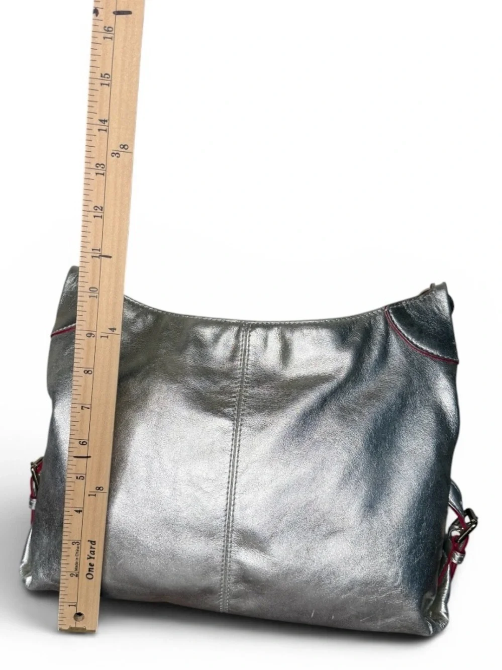 Dooney & Bourke Metallic Silver Leather Hobo Bag Red Trim Shoulder Purse